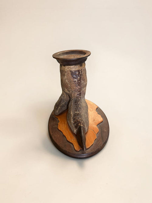 1920’s, English taxidermy ostrich foot candle stand, mounted on a wooden base