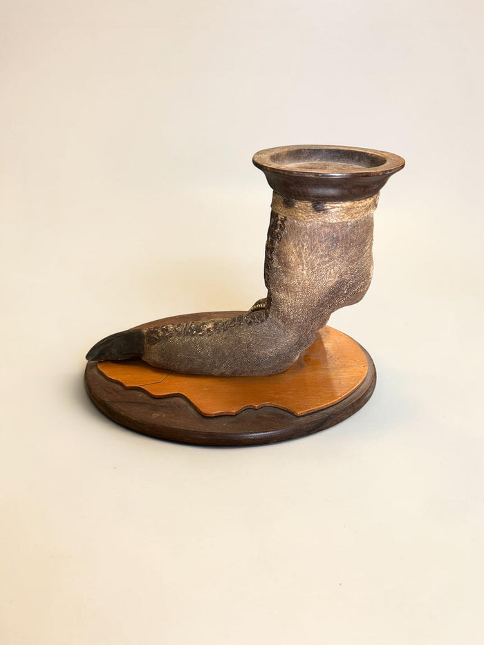 1920’s, English taxidermy ostrich foot candle stand, mounted on a wooden base