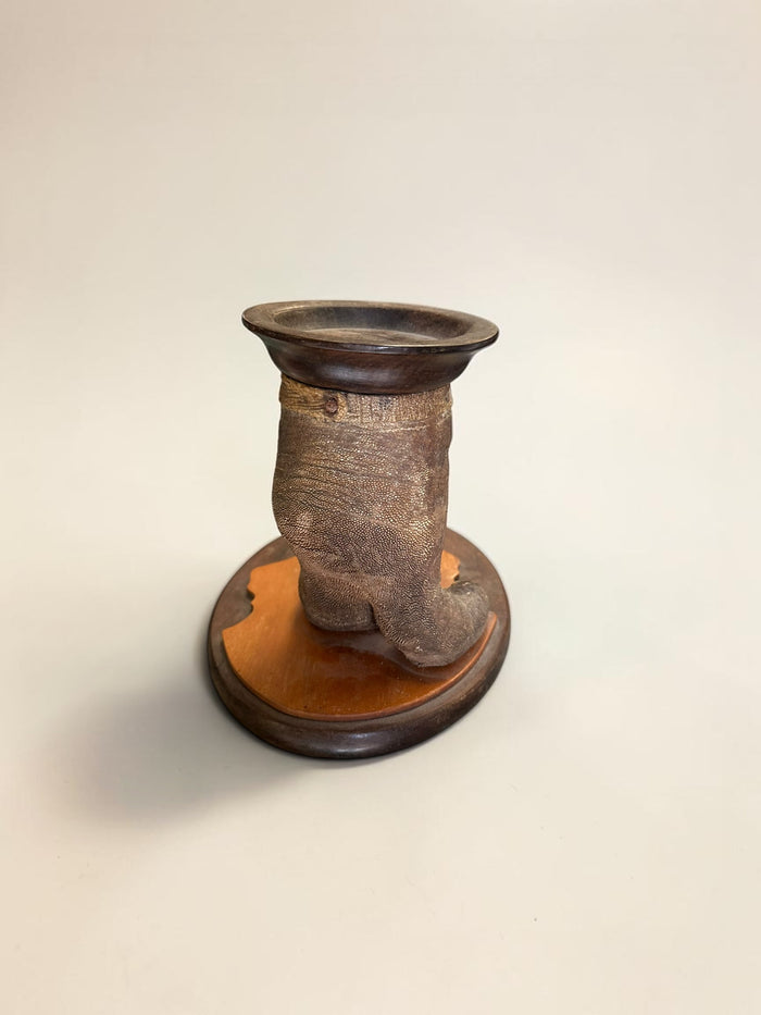 1920’s, English taxidermy ostrich foot candle stand, mounted on a wooden base