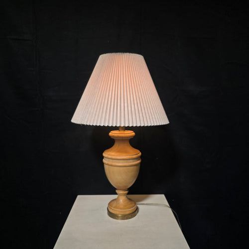 1970's Vintage Danish Solid Wood Table Lamp with Ruffle Shade 17.5"Dx29"