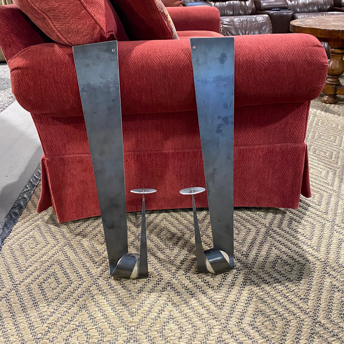 1990's Festa & Co. Postmodern Glen Allen Stone and Steel Sculpture Candle Sconces Set of 2, 9"x 25.5"x 5"