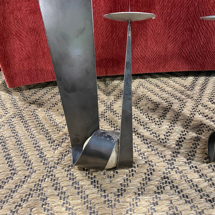 1990's Festa & Co. Postmodern Glen Allen Stone and Steel Sculpture Candle Sconces Set of 2, 9"x 25.5"x 5"
