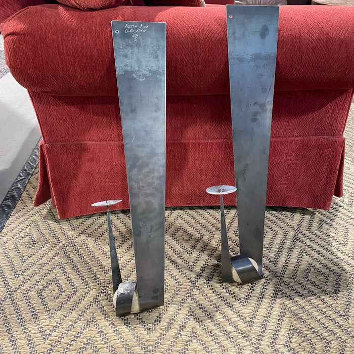1990's Festa & Co. Postmodern Glen Allen Stone and Steel Sculpture Candle Sconces Set of 2, 9"x 25.5"x 5"