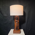 60's - 70's Walnut Wood Medieval Revival Hand Carved Table Lamp 17.5" D x 34.5"