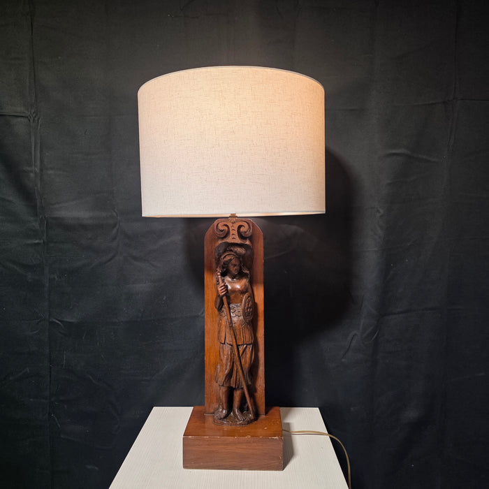 60's - 70's Walnut Wood Medieval Revival Hand Carved Table Lamp 17.5" D x 34.5"
