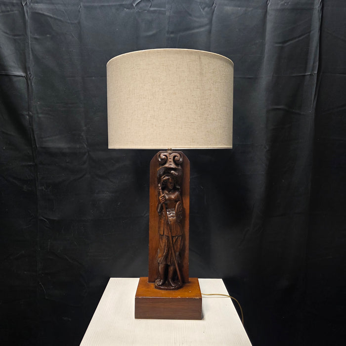 60's - 70's Walnut Wood Medieval Revival Hand Carved Table Lamp 17.5" D x 34.5"