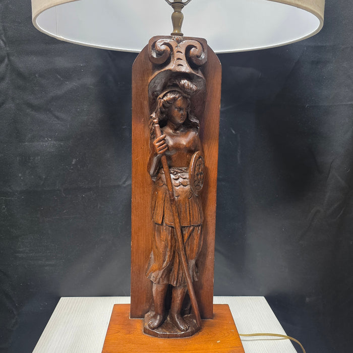 60's - 70's Walnut Wood Medieval Revival Hand Carved Table Lamp 17.5" D x 34.5"