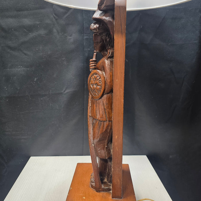 60's - 70's Walnut Wood Medieval Revival Hand Carved Table Lamp 17.5" D x 34.5"