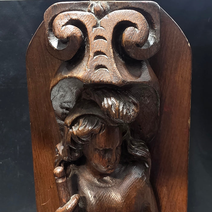 60's - 70's Walnut Wood Medieval Revival Hand Carved Table Lamp 17.5" D x 34.5"