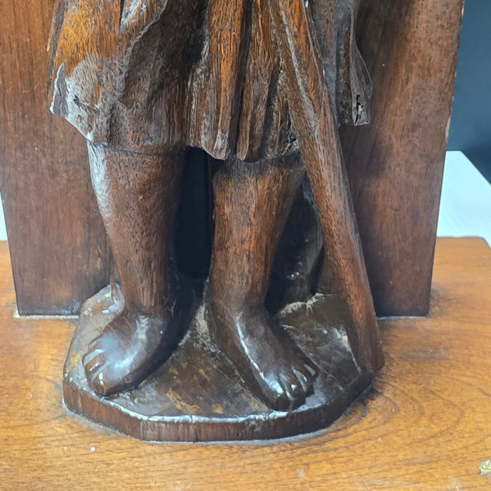 60's - 70's Walnut Wood Medieval Revival Hand Carved Table Lamp 17.5" D x 34.5"