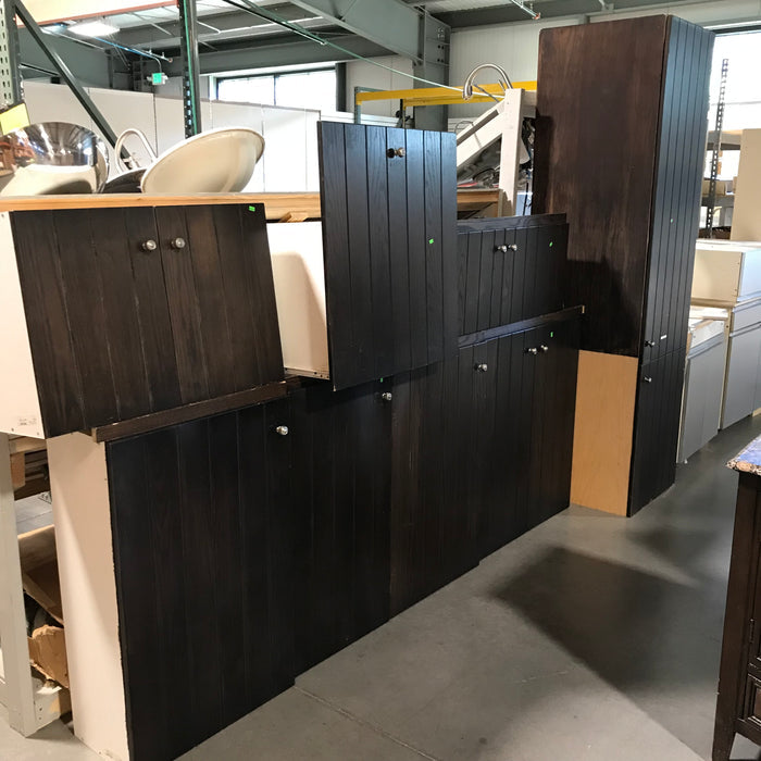 8 pc Dark Stained Oak, 6 Uppers, 1 Pantry, 1 Trash Drawer, Cabinet Set