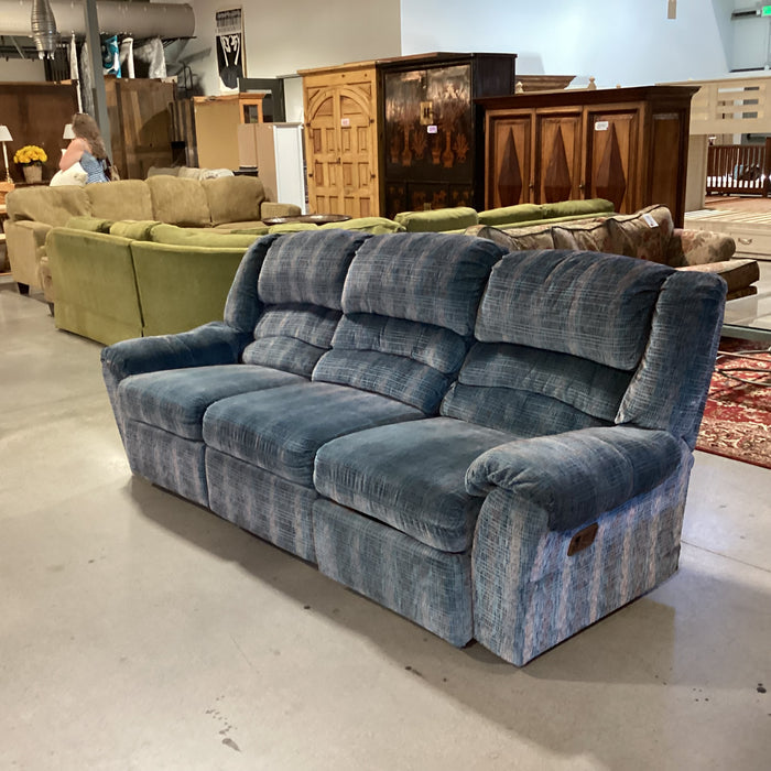 Action Industries Teal Blue with Light Red Grid Woven Double Recliner Sofa 96"x 38"x 37"