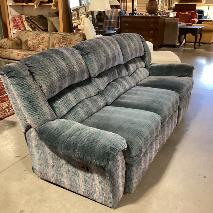 Action Industries Teal Blue with Light Red Grid Woven Double Recliner Sofa 96"x 38"x 37"