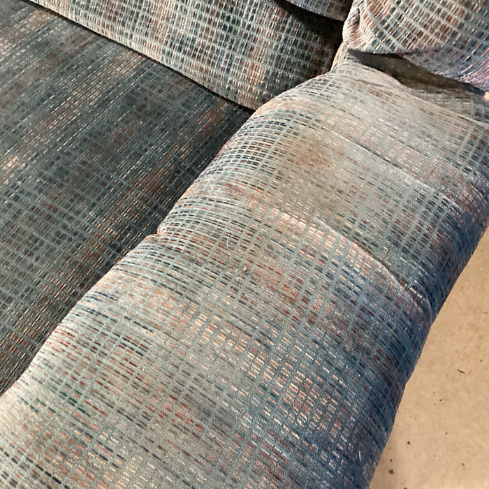 Action Industries Teal Blue with Light Red Grid Woven Double Recliner Sofa 96"x 38"x 37"