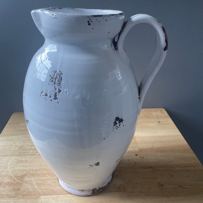 Alessandro Taddei Signed Fortunata Distressed White Glazed Ceramic Pitcher, 11"x 15.5"