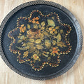 Antique Black Reticulated Edge Hand Painted Toleware Round Serving Tray, 17"x .75"