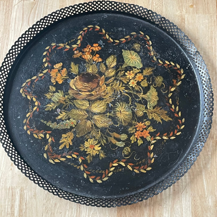 Antique Black Reticulated Edge Hand Painted Toleware Round Serving Tray, 17"x .75"