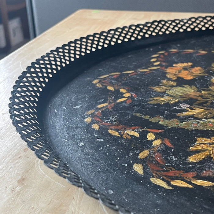 Antique Black Reticulated Edge Hand Painted Toleware Round Serving Tray, 17"x .75"