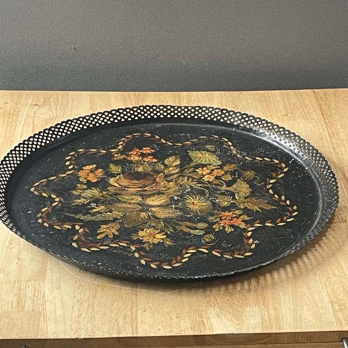 Antique Black Reticulated Edge Hand Painted Toleware Round Serving Tray, 17"x .75"
