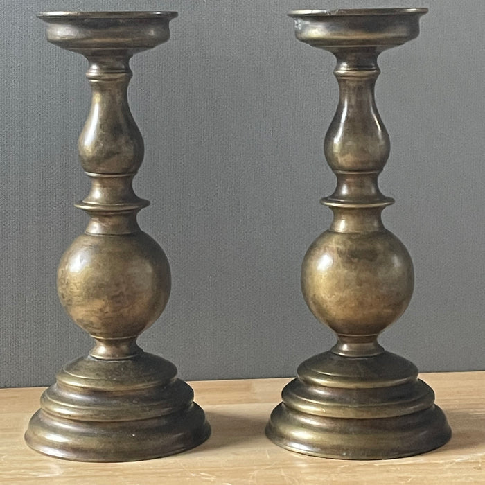 Antique Brass Baluster Candlesticks, 5.5"x 12.75"