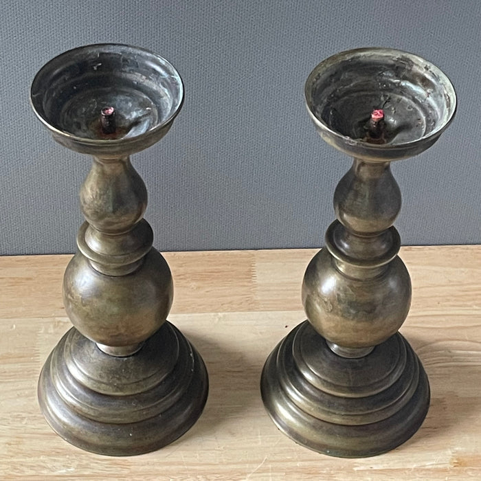 Antique Brass Baluster Candlesticks, 5.5"x 12.75"