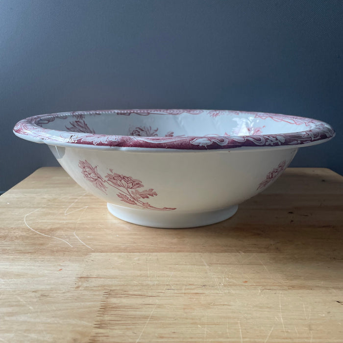 Antique F Winkle & Co Colonial Pottery Red Wine Floral TransferWare Ironstone "Togo" Wash Basin/Bowl,16"x 5"