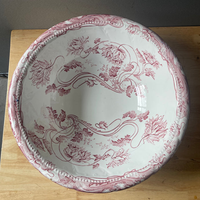 Antique F Winkle & Co Colonial Pottery Red Wine Floral TransferWare Ironstone "Togo" Wash Basin/Bowl,16"x 5"