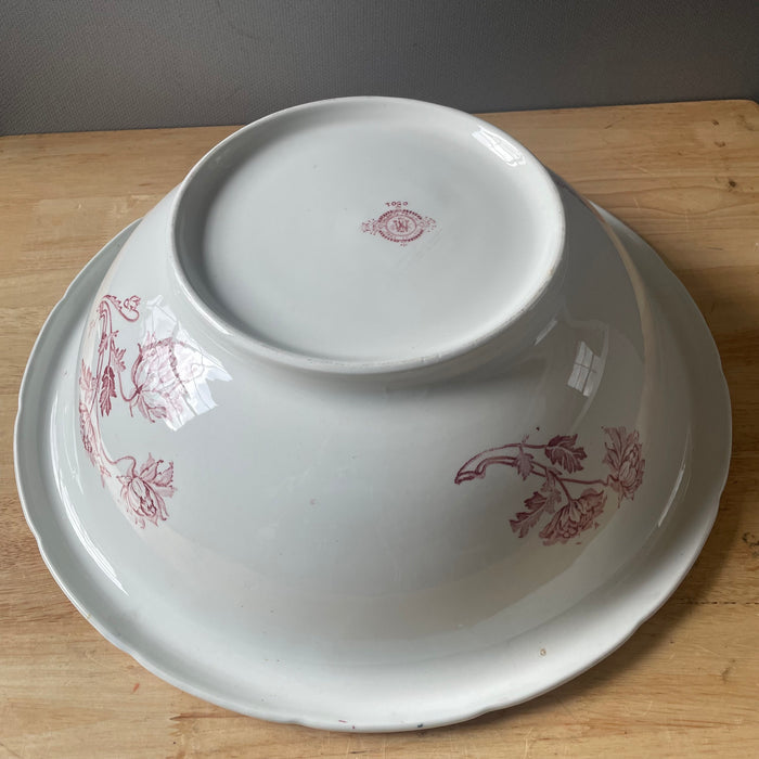 Antique F Winkle & Co Colonial Pottery Red Wine Floral TransferWare Ironstone "Togo" Wash Basin/Bowl,16"x 5"