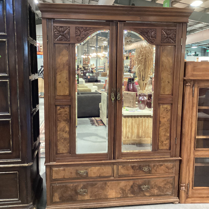 Antique Finished Carved Wood & Burl Veneer Mirrored 2 Door with Shelves Armoire 57.5"x 20"x 78.5"