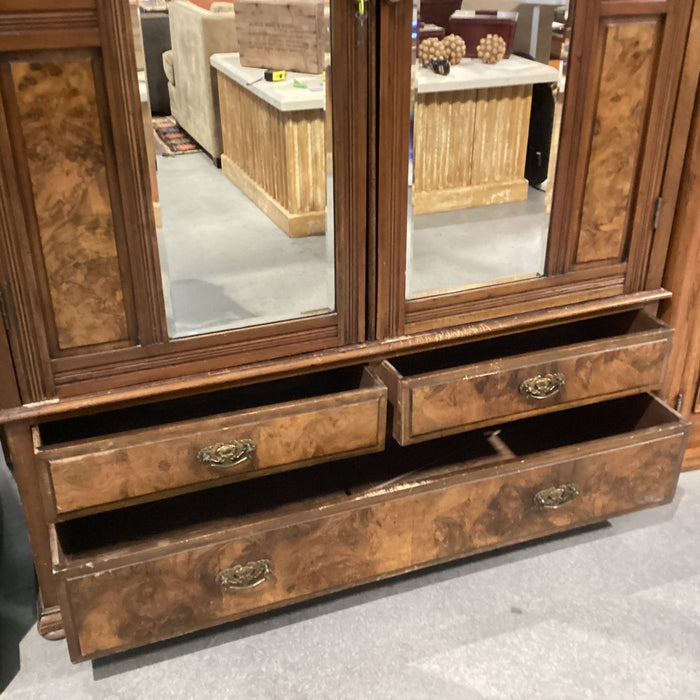 Antique Finished Carved Wood & Burl Veneer Mirrored 2 Door with Shelves Armoire 57.5"x 20"x 78.5"