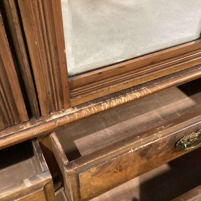 Antique Finished Carved Wood & Burl Veneer Mirrored 2 Door with Shelves Armoire 57.5"x 20"x 78.5"