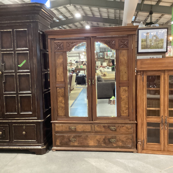 Antique Finished Carved Wood & Burl Veneer Mirrored 2 Door with Shelves Armoire 57.5"x 20"x 78.5"