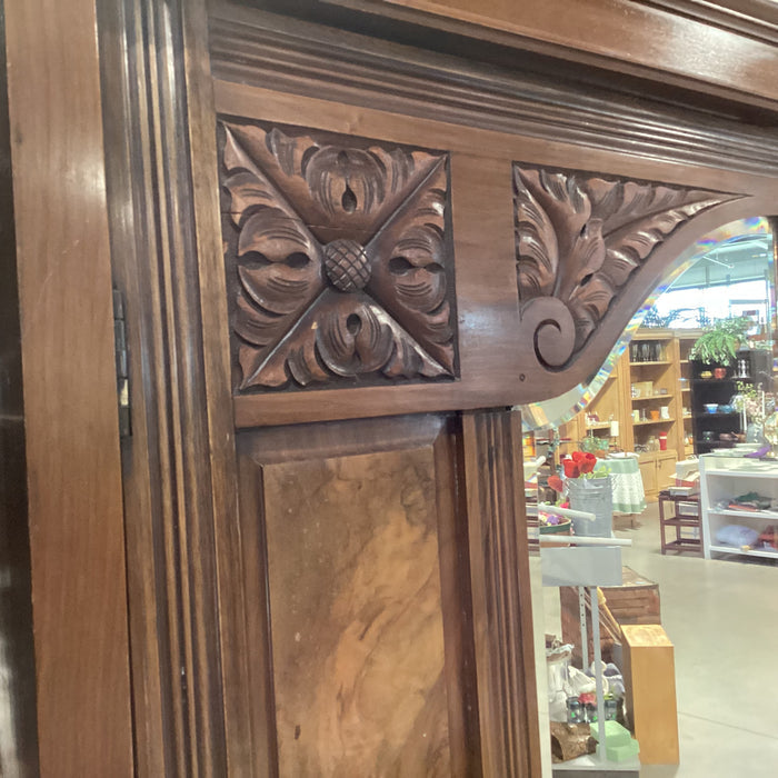 Antique Finished Carved Wood & Burl Veneer Mirrored 2 Door with Shelves Armoire 57.5"x 20"x 78.5"