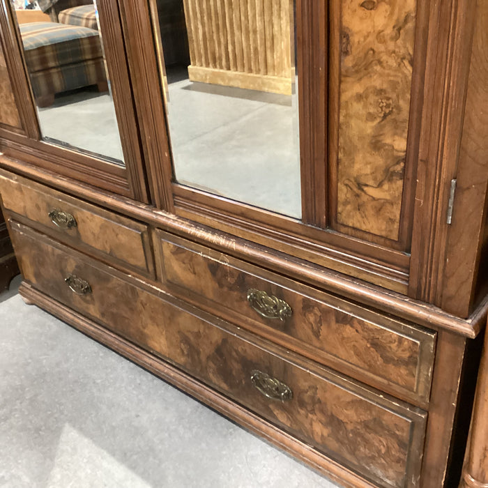 Antique Finished Carved Wood & Burl Veneer Mirrored 2 Door with Shelves Armoire 57.5"x 20"x 78.5"