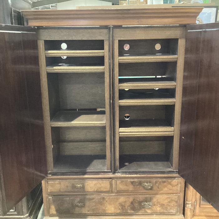Antique Finished Carved Wood & Burl Veneer Mirrored 2 Door with Shelves Armoire 57.5"x 20"x 78.5"
