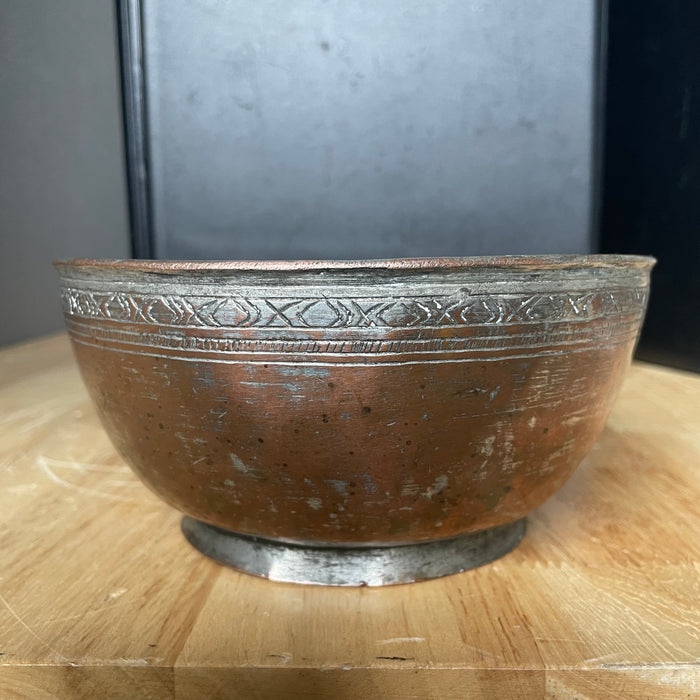 Antique Mid Eastern Style Hammered Copper, Footed, Tinned Bowl, 6.25"x 3"