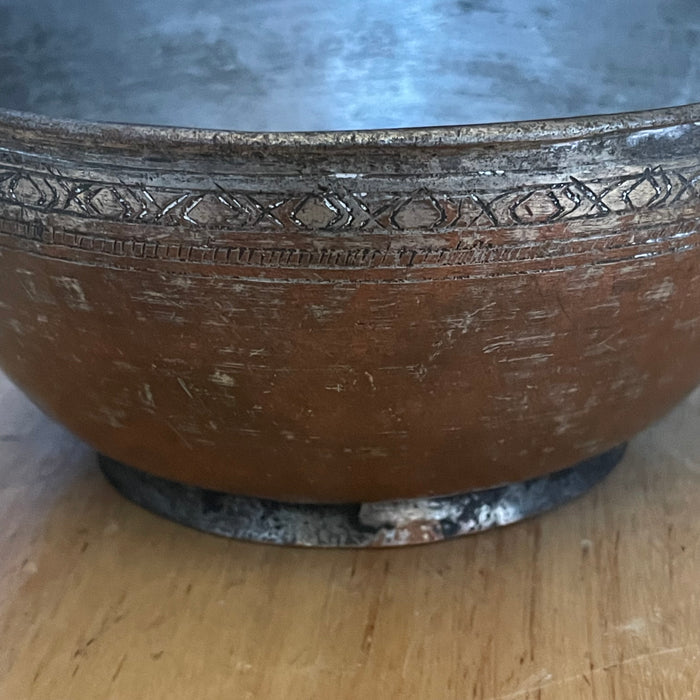 Antique Mid Eastern Style Hammered Copper, Footed, Tinned Bowl, 6.25"x 3"