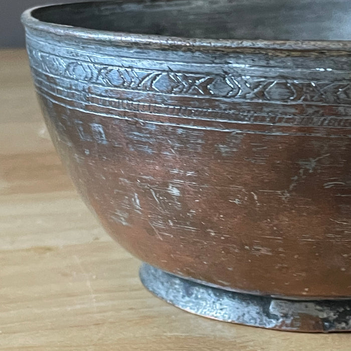 Antique Mid Eastern Style Hammered Copper, Footed, Tinned Bowl, 6.25"x 3"