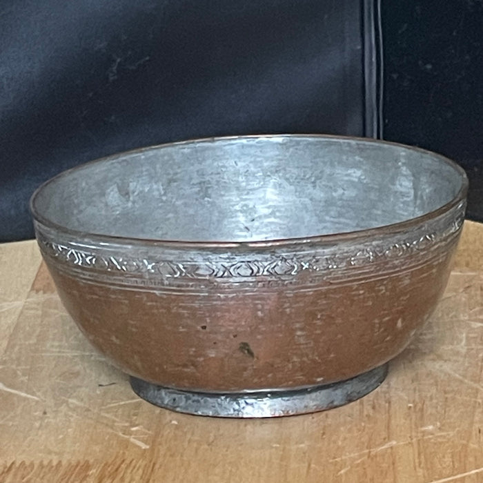 Antique Mid Eastern Style Hammered Copper, Footed, Tinned Bowl, 6.25"x 3"