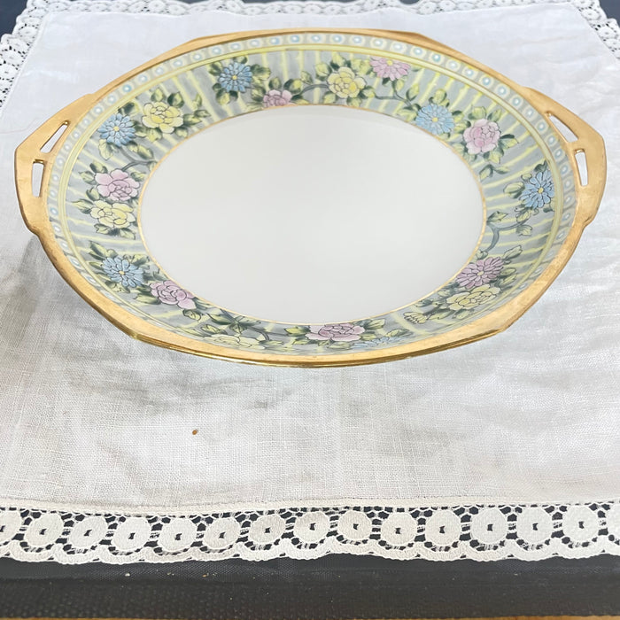 Antique Porcelain Nippon Handpainted Gilt Edged Embossed Flowers Bowl, 11"x 1.5"