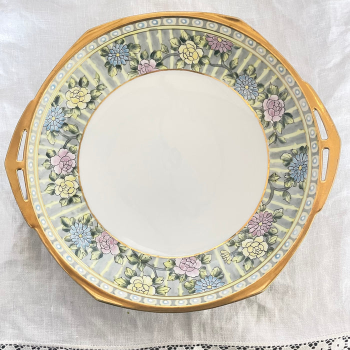 Antique Porcelain Nippon Handpainted Gilt Edged Embossed Flowers Bowl, 11"x 1.5"