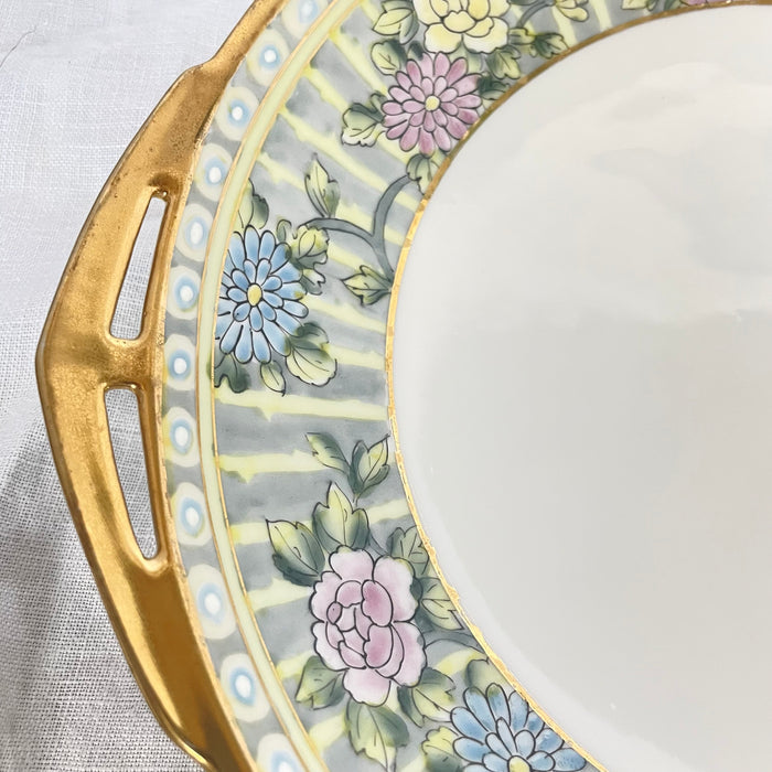 Antique Porcelain Nippon Handpainted Gilt Edged Embossed Flowers Bowl, 11"x 1.5"