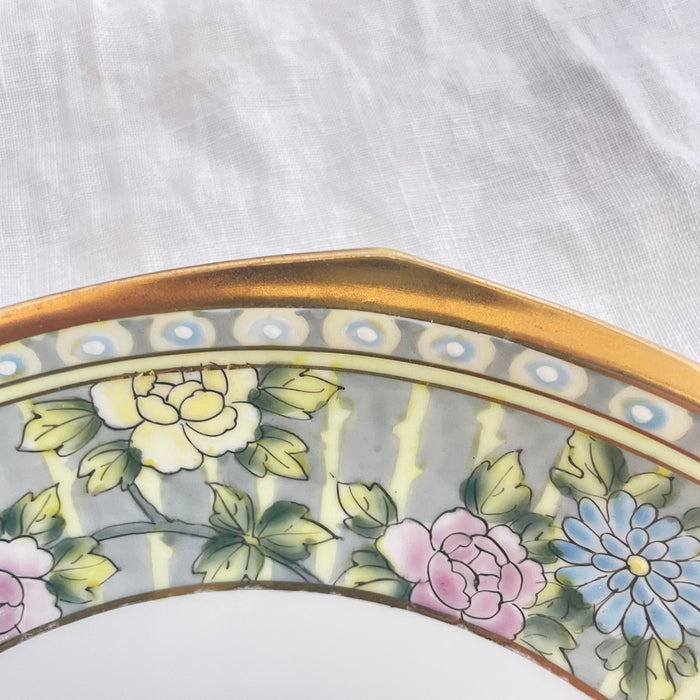 Antique Porcelain Nippon Handpainted Gilt Edged Embossed Flowers Bowl, 11"x 1.5"