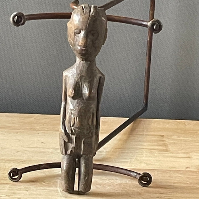 Antique Primitive West African Small Hand Carved Wood Shrine Protection Figurine, 2.5"x 9.75"