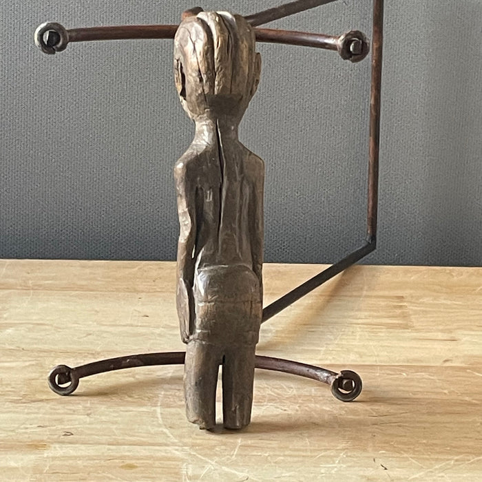 Antique Primitive West African Small Hand Carved Wood Shrine Protection Figurine, 2.5"x 9.75"