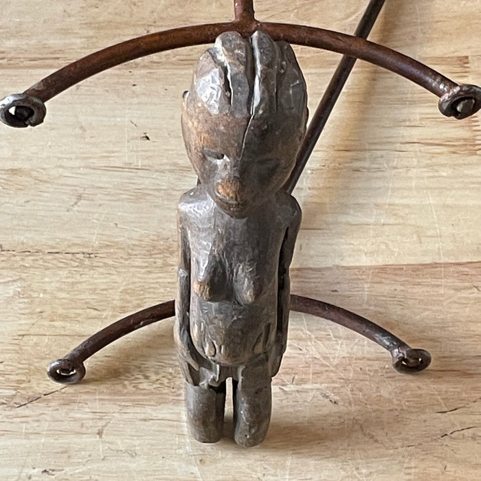 Antique Primitive West African Small Hand Carved Wood Shrine Protection Figurine, 2.5"x 9.75"