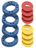 BIG Wheels – 4 Blue wheels with 4 red and 4 yellow hubs