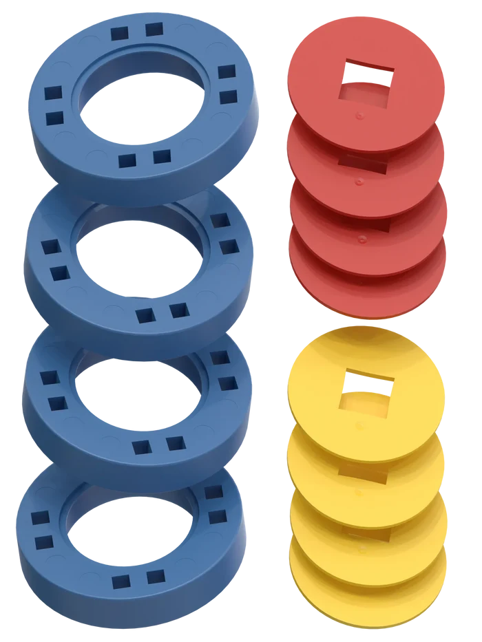 BIG Wheels – 4 Blue wheels with 4 red and 4 yellow hubs
