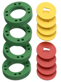 BIG Wheels – 4 Green wheels with 4 yellow and 4 red hubs