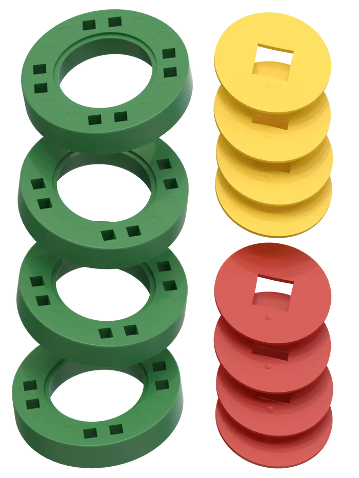BIG Wheels – 4 Green wheels with 4 yellow and 4 red hubs